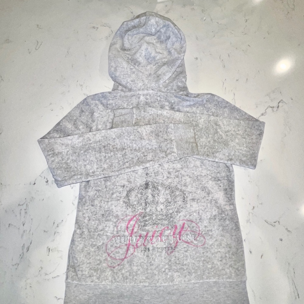 JUICY COUTURE Girls Gray Pink Crown QUEEN Y2K Velvet Full Zip Hoodie Pockets 10